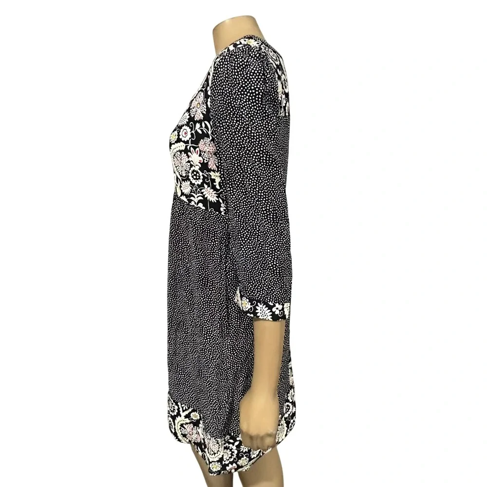 Boden Mixed Floral Polka Dot Empire Waist Dress Black White Cottagecore US 8